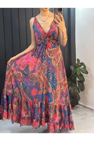 YNSGİYİM Yns Bohemi̇an Back Elastic Patterned Dress Bohem Authentic