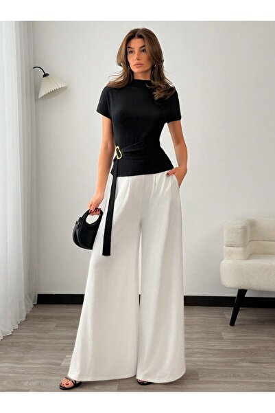 moda paketi Black Belt Detail Blouse & Ecru Wide-Leg Wrinkled Trousers Set – ...