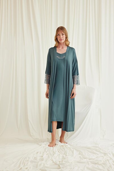 MONAMİSE Kadın Dekolteli Yakası ve Kolu Dantelli Sabahlık Takımı 18556