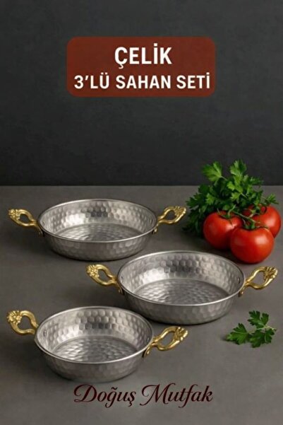 Doğuş Mutfak Otantik 3'lü Çelik Omlet Seti Dövme Desenli Sahan Seti Kahvaltıl...