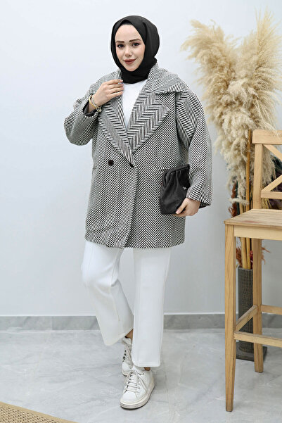Tesettür Dünyası Pocketed Herringbone Patterned Coat Tsd260129 Black