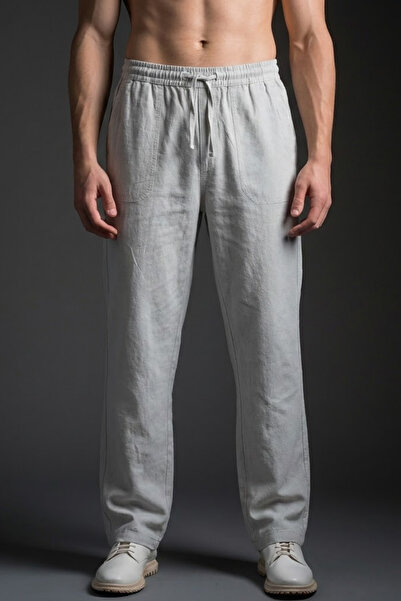 COMBİNE MİCHAİL Men's Casual Wide-Leg Gray Linen Pants