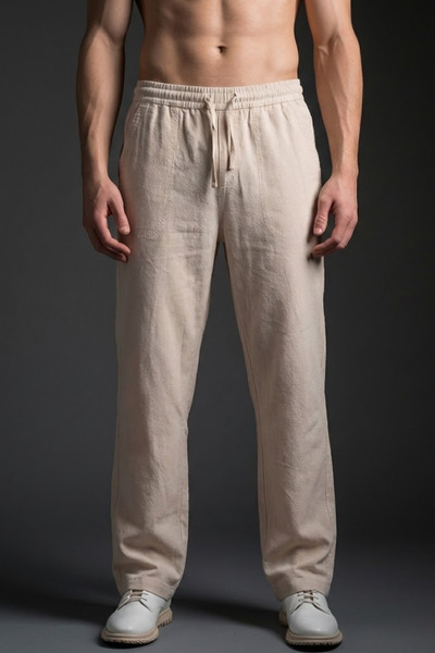 COMBİNE MİCHAİL Men's Casual Wide-Leg Beige Linen Trousers