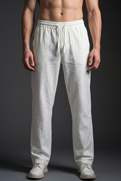 COMBİNE MİCHAİL Men's Casual Wide-Leg White Linen Pants