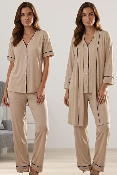 ByLohusa Comfortable Cut Maternity Pajama Set with Dressing Gown Effortt - Beige