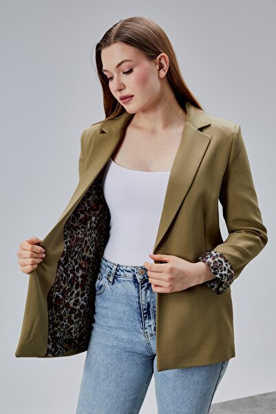 Bolivente Dark Khaki Leopard Sleeve Fold Detailed Regular Padded Shoulders Bl...