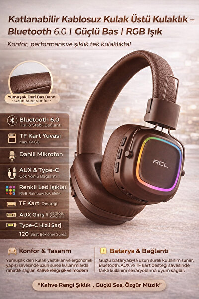 CROW'S TECH RGB Işıklı Kablosuz 6.0 Bluetooth Kulak Üstü Kulaklık | Müzik, Oy...