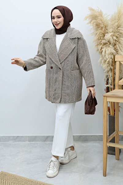 Tesettür Dünyası Pocketed Herringbone Patterned Coat Tsd260129 Brown