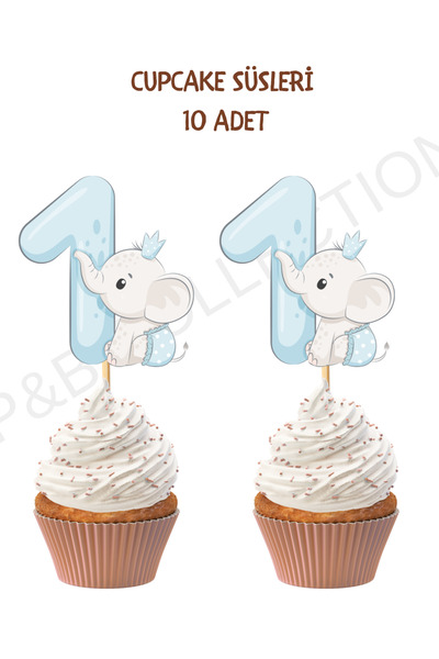 P&B COLLECTION WORKSHOP Cupcake kürdanı safari fil 1 yaş temalı 10 adet pasta...