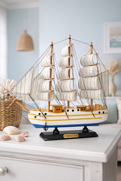 BiTon Toptan Büyük Boy El Yapımı Ahşap Yelkenli Gemi Maketi 33 X 33 CM – Deko...