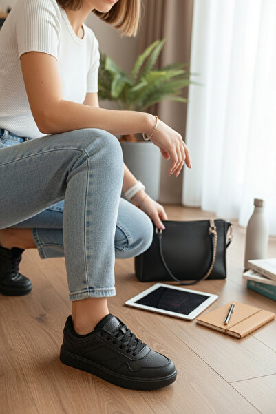 enoch Unisex Μαύρα αθλητικά παπούτσια από συνθετικό δέρμα με λευκή επίπεδη σό...