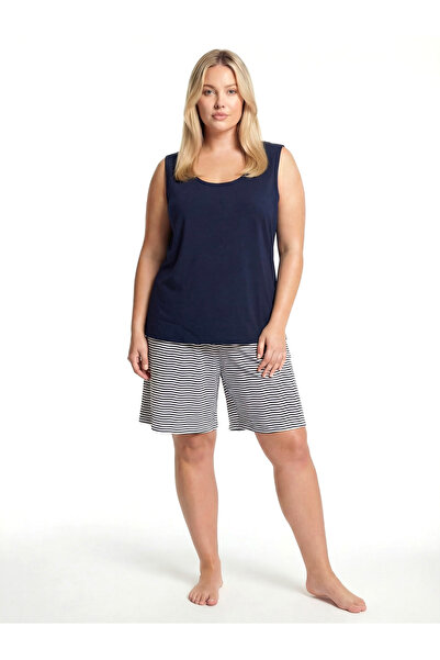 Akbeniz Women's Plus Size Striped Pajama Set with Shorts – Navy Blue