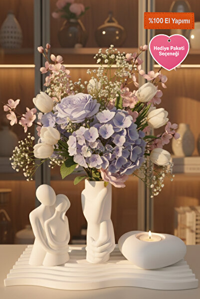 Arteliss Romantik Çift Figürlü Dekoratif Set Sarılan Sevgili Biblo Vazo Ve Mu...