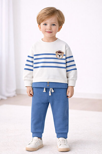 dinamik çocuk Erkek Çocuk Çizgili Ayıcık Nakışlı Alt Üst 2li Eşofman Takımı–2...