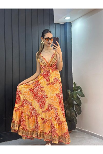 YNSGİYİM Yns Bohemi̇an Back Elastic Patterned Dress Bohem Authentic