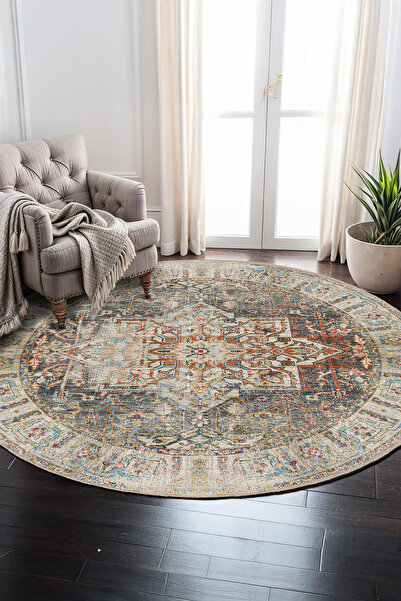 BigArts Home Eskitme Vintage Madalyon Desenli Kaymaz Tabanlı Salon Mutfak Kil...