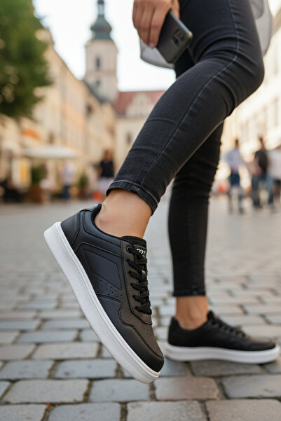 enoch Unisex Μαύρα αθλητικά παπούτσια από συνθετικό δέρμα με λευκή επίπεδη σό...