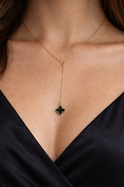 Tixy Pixy 316L Paslanmaz Çelik Y Kolye, Siyah Yonca Detaylı Gold Kadın Kolye