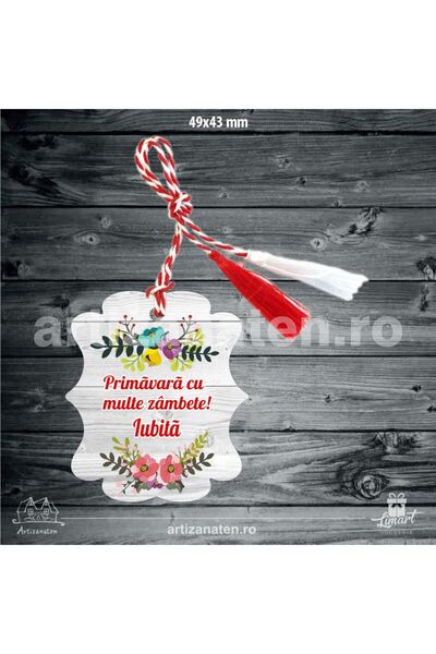 LimArt Wooden martisor of placheta type with flowers and message "many smilin...