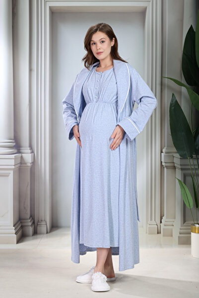 Lohusa Homewear YeniSezon Mavi Melanj Şal Yaka Kısa Kol Tam Boy Yazlık %100 P...