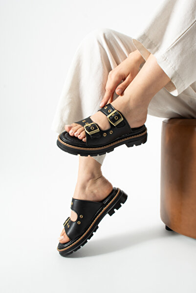 dabab shoes RAVIELA Femei Negru cu bandă dublă, cu cu cataramă dinți, talpă g...