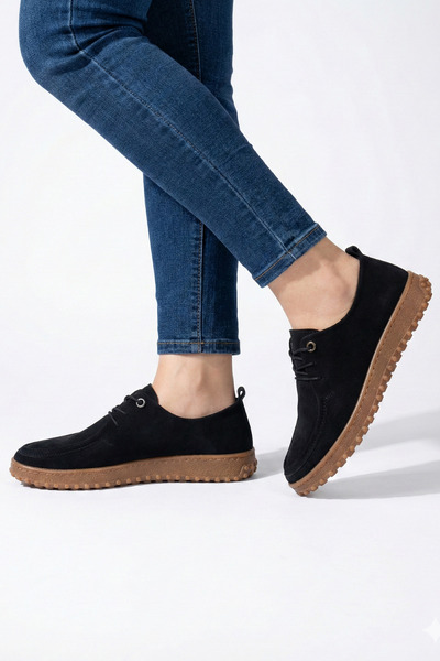 Ekonomik Ayakkabı Women's Suede Lace-Up Casual Shoes Black – Non-Slip Sole Ca...
