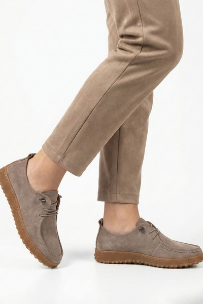 Ekonomik Ayakkabı Women's Suede Lace-Up Casual Shoes Stone/Mink – Non-Slip So...