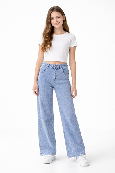 Cansın Mini Blue Stone Embroidered Wide Leg Elastic Waist Girls' Jean Trouser...