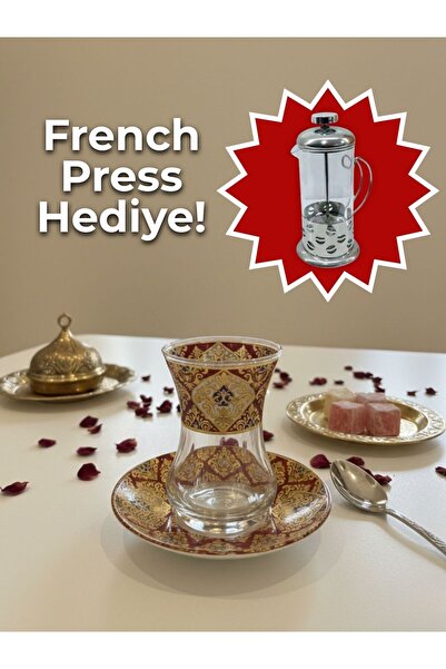 AiroBazar Topkapı Tea Set for 6 Persons, French Press Gift, 9 Different Ottom...