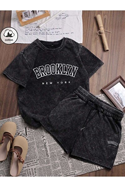 PENTHİLUS Es Trus Cotton Kadın Brooklyn Baskılı Yıkamalı Şortlu Takım – Y2K R...