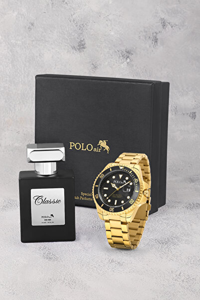 Poloair Mercek Takvimli Erkek Kol Saati Ve 55 ml Parfüm Seti Gold Siyah Renk ...