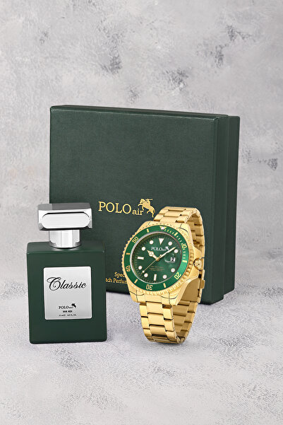 Poloair Mercek Takvimli Erkek Kol Saati Ve 55 ml Parfüm Seti Gold Yeşil Renk ...