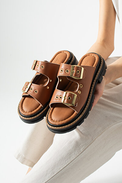 dabab shoes Raviela Women's Tan Double Strapped Buckled Toothed Thick Sole Da...