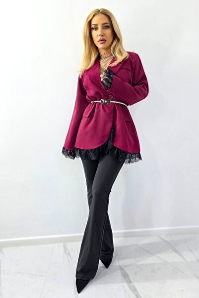 FashionForYou ELVIA long slim jacket with lace and decorative pockets, Burgundy