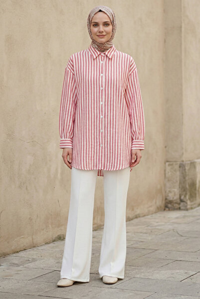 Kirazgym Women's Buttoned Striped Linen Shirt - Red