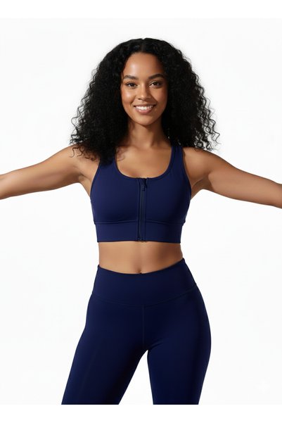 Derucce Navy Blue Padded Zippered Sports Bustier - Sports Bra / Cropped Supportive Sports Bra