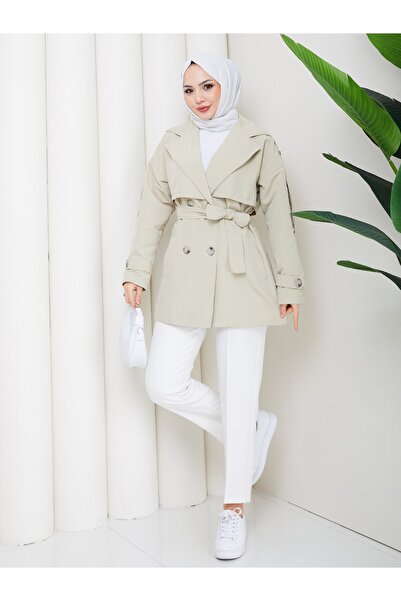 Zenyamoda Women's Linen Stone Buttoned Belt Detailed Trench Coat