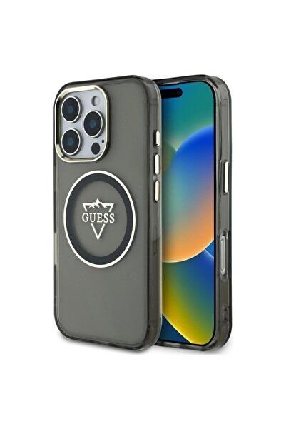 Guess Case for iPhone 16 Pro, IML Metal Mountain Logo MagSafe, Black