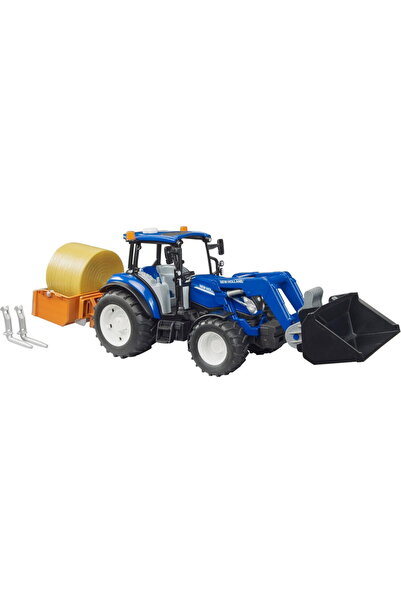 Bruder New Holland T5.120 cu încărcător frontal, cutie de încărcare, furci și...