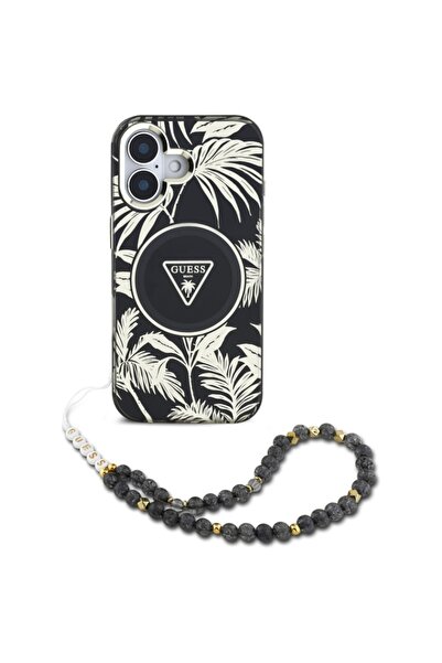 Guess Case for iPhone 16, IML Palm Trees Triangle with Pearl Strap MagSafe, B...