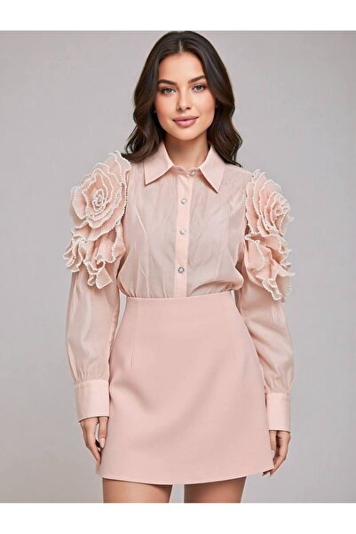 Rabiossa Kadın Omuzdan Çiçek Kabartmalı Organze Gömlek