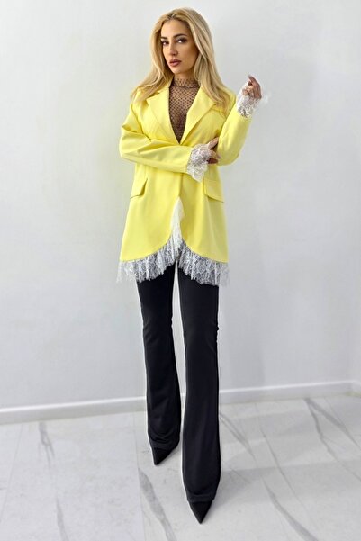 FashionForYou ELVIA long slim jacket with lace and decorative pockets, Yellow