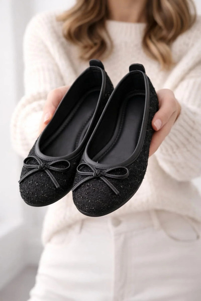 Moda Devrin Black Tweed Fabric Ballet Flats Casual Shoes