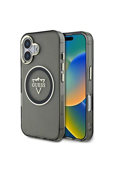 Guess Case for iPhone 16, IML Metal Mountain Logo MagSafe, Black