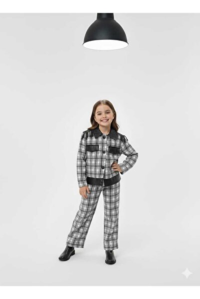 bubiee baby Girl's Black and White Plaid Leather Detailed Jacket and Wide-Leg...
