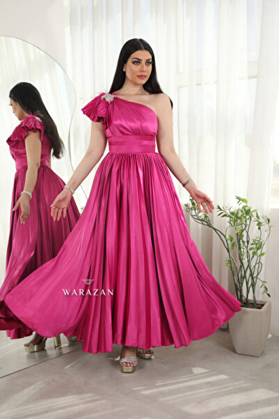 Warazan Evening dress with a one-shoulder design, embellished with crystals a...