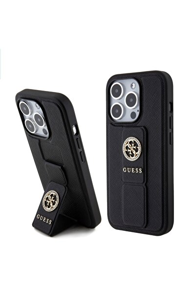 Guess Husă pentru iPhone 15 Pro, Grip Stand 4G Saffiano Strass, Neagră