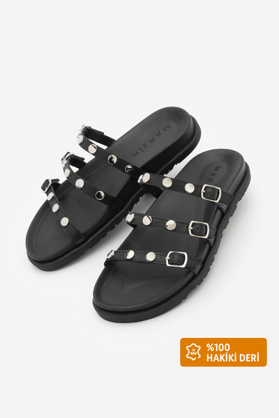 Marjin Kadın Hakiki Deri Üç Bantlı Zımbalı Günlük Terlik Zoven Siyah Gümüş