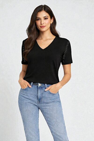 LE CARAMBOLE Γυναικείο μπλουζάκι με λεπτομέρεια από μαύρη πέτρα στον ώμο