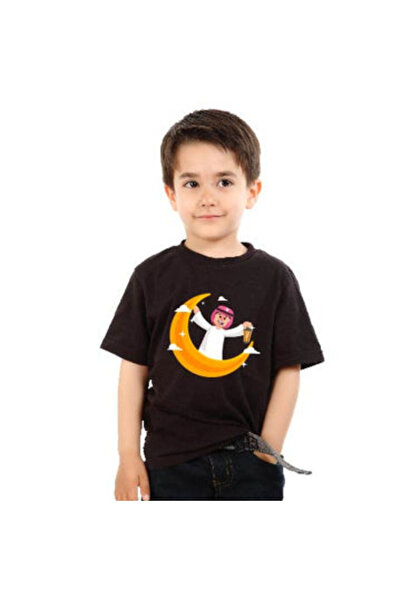 Printoot Boys Black T-Shirt with Character on Crescent Moon and Lantern Festi...